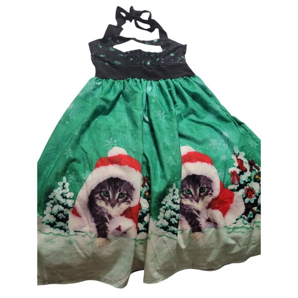 Christmas Holiday Santa Cat Dress Medium Black Halter Silky Fit & Flair C24 - Picture 11 of 11